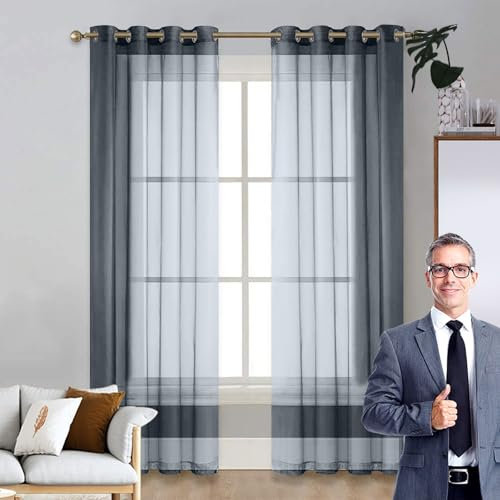 LIUNADM Verdunkelungsvorhang 175 x 260 cm Wärmeisolierend, Ösenvorhang Querbehang Gardine Durchsichtig Tüllstoff für Küche Büros Wohnzimmer Schlafzimmer, Grau