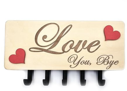 Love You Bye Wall Mounted Key Holder Engraved Key Organiser & Letter Rack Decorative Sign with Hearts