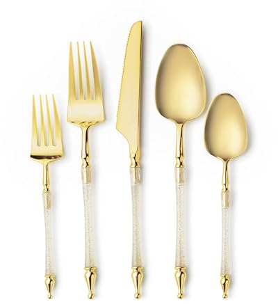 Collection Sophisticate - Ensemble de couverts en plastique doré avec poignée en paillettes dorées - Lot de 40, idéal pour les mariages et les événements festifs