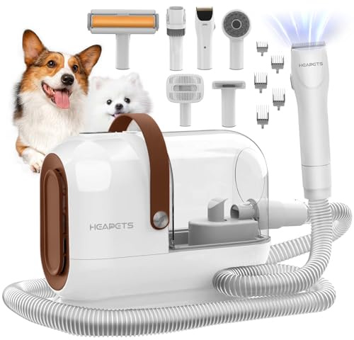 HEAPETS Dog Grooming Vacuum Kit - 3L Vacuum with 7 Tools, Low Noise Electric Clipper and Brush for Pet Shedding at Home, White