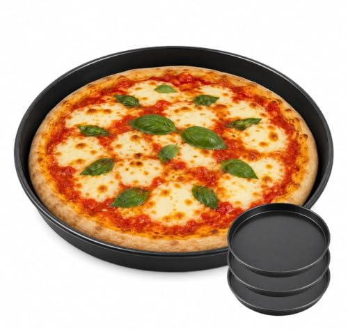 PALUPLUS 4 Teglie Pizza Tonde in Lamiera Blu, Diametro 32 cm e Altezza 2,5 cm, Bordo Basso, Resistente fino a 250°C, per Pizze e Focacce, Made in Italy -3225F