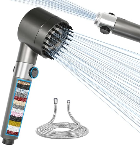 SANYCASA Duschkopf mit Filter Schlauch 3+1 Strahlarten Hochdruck Duschbrause Wassersparend Shower Head gegen Kalk und Chlor Hard Water