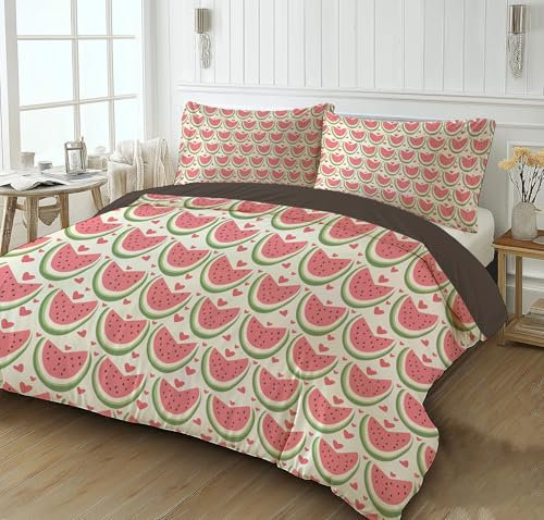 Copripiumino Matrimoniale 220x240cm Anguria Acquerello Cuore Set Letto Completo Stampa Microfibra Biancheria da Letto con Cerniera, 1 Copripiumini + 2 Federa 50x75 cm