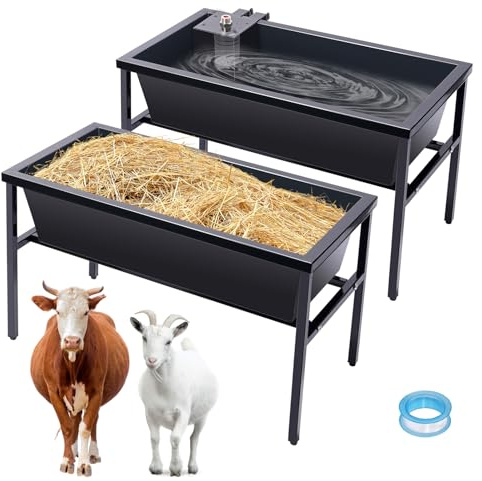 KHEARPSL 2pcs Livestock Feeder and Water Trough with Auto-Fill Float Valve Stainless Steel Goat Feeder Horse Trough Automatic Waterer for Goat, Sheep, Horse, Pig, Cattle, Large Dog Water Dispenser