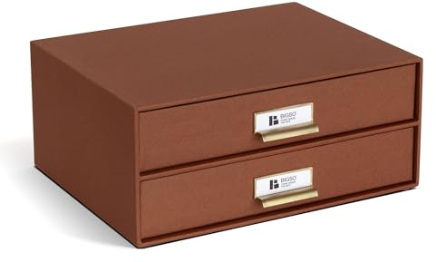BIGSO BIRGER Schubladenbox – Aufbewahrungsbox mit 2 Schubladen – Schreibtisch Ablage für Dokumente & Bürobedarf – Ablagesystem aus recycelter Faserplatte und Papier – Sienna