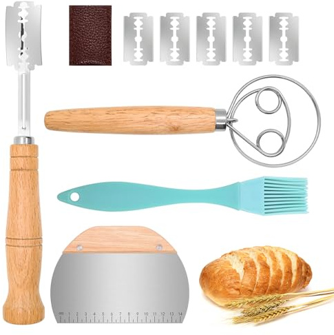 Mispudin Bread Lame Cutter Set of 4 - Bread Scoring Knife with 5 Replaceable Blades & Protective Cover, 10 Inch Dough Whisk, Dough Cutter, Pastry Brush for Home Sourdough Making