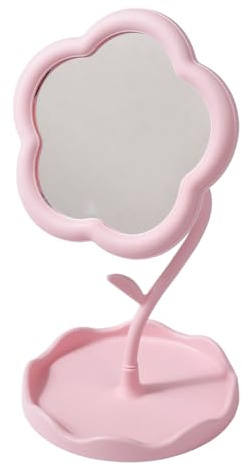 CREATCABIN Flower Makeup Mirror Stand, Plastic Stand Mirror, Portable Vintage for Bedroom, Living Room & Minimal Spaces, Table Decorations, 7.6x4.1 Inch, Pink