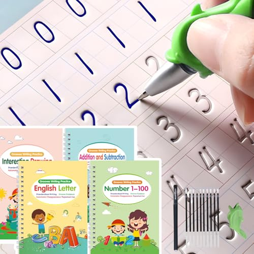 Lubgitsr Confezione da 4 quaderni magici scanalati grandi, riutilizzabili, per la scrittura a mano, con penna magica, per imparare a scrivere numeri e lettere, per bambini dai 3 agli 8 anni