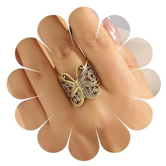 Cybche Anillo de mariposa vintage ajustable con textura tallada abierta, anillo de mariposa de metal dorado, insectos, nudillos, anillos de dedo para mujer, Zinc