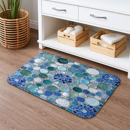 Badematte mit Mosaik-Motiv, schnell trocknend, abstraktes rundes Muster, rutschfeste Duschmatte, Sommer, dekorativer Memory-Schaum, waschbar, Badteppiche für Badezimmer, WC, 50,8 x 81,3 cm, Ozeanblau