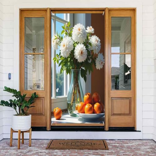 Fundas decorativas para puerta con estampado realista de dalia blanca n.º 17, decoración de pancarta de puerta para interiores y exteriores, primavera, verano, otoño, invierno, Halloween, Navidad