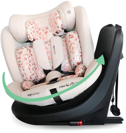My Babiie MBCS300 Easy 360° Spin R129 Baby Car Seat – Top Tether, ISOFIX, Birth to 12yrs (40-150cm), i-Size, ERF, Group 0+/1/2/3, Rotating 360 Swivel - Pink Leopard