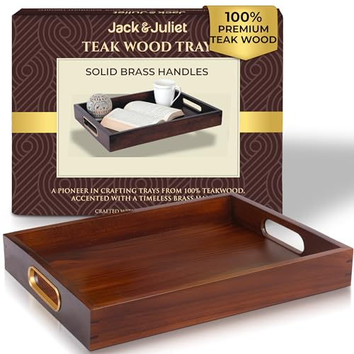 Jack & Juliet Teak Wood Ottoman Tray – Large Wooden Multifunctional Tray with Real Brass Handles - Non Slip Base in Food-Safe Finish - Gift-Ready Packaging for Coffee Table and Home Decor (Walnut)