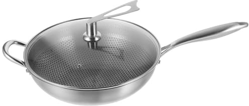Housoutil Padella Wok Antiaderente in Acciaio Inox 410 con Coperchio Padella a Nido D’Ape da 34 CM Adatta a Piani Cottura a Induzione Gas ed Elettrici Resistente e Facile da Pulire per
