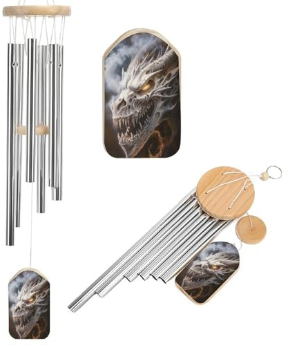Windspiel mit Drachenschädel im Vintage-Stil, tiefer Ton, mit 6 Aluminiumröhren, für den Außenbereich, Hinterhof, Garten, Dekoration