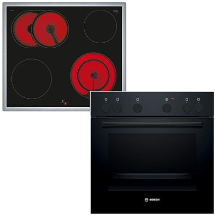 Bosch Einbauherd-Set HND211LR1, Serie 2 Einbau-Herd 60 cm mit 3D-Heißluft HEF010BA1, Serie 4 Elektro-Kochfeld 60 cm herdgesteuert mit Edelstahlrahmen, Bräterzone, 21 cm erweitbare Kochzone NKN645GA2E
