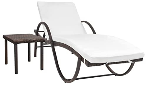 Teenpull Sonnenliege mit Auflage & Tisch, Poly Rattan Braun, 193x65x56 cm, wetterfestes Gartenliegen-Set für Outdoor, Terrasse, Pool, inklusive Cremeweiß Kissen