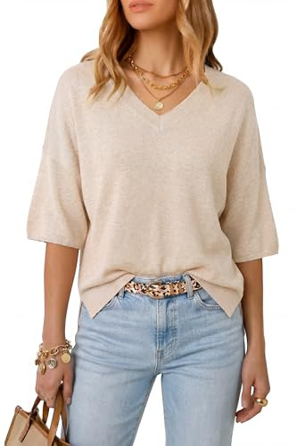 Arach&Cloz Women's Jumpers Wool Blend Oversized Ladies Tops Summer Midi-Sleeve V-Neck Work Casual Shirt Sweaters