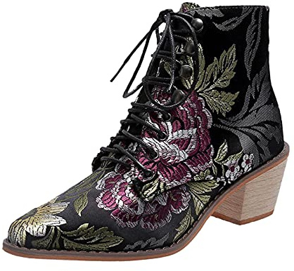 Momolaa Women Vintage Ankle Booties Lace up Pointed Toe Floral Embroidered Stacked Block Heel Cowboy Boots Western Cowgirl Booties Stylish Footwear Gifts