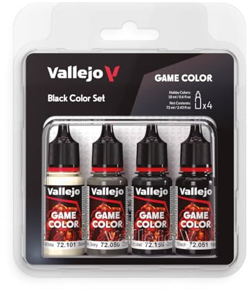 Vallejo Game Color Acrylfarben-Set, Schwarz, 4 Farben, mattes Finish, in 18-ml-Flaschen, mit Pipette für Fantasy-Figuren und Wargames