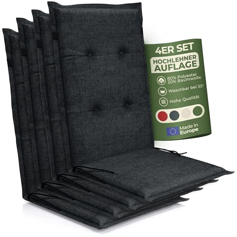 Petsation Florence Hochlehner Auflage – Gartenstuhlauflage Hochlehner mit Schaumstoff Polster, Outdoor Kissen & Stuhlkissen für Gartenstuhl, Sitzkissen Stuhl & Sitzkissen Bank, Outdoor (4, anthrazit)