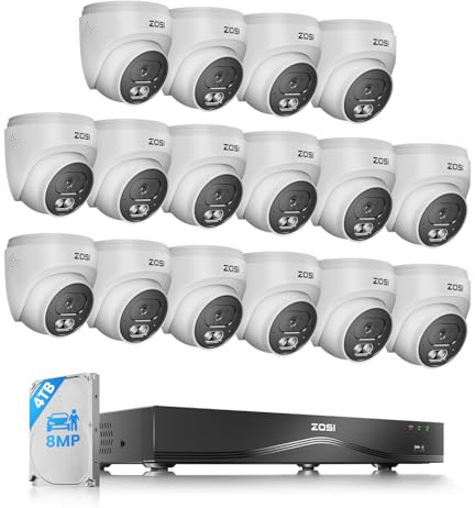 ZOSI 4K PoE CCTV Camera System Detect Human/Vehicle/Face, 16pcs PoE Cameras | 16CH Expandable 4K PoE NVR & 4TB HDD, Dual-Disk Backup, IP66 Waterproof PoE Security Camera,100ft IR Night Vision, 2-Way Talk