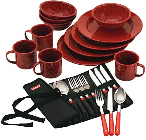 Coleman 24-Piece Enamel Dinnerware Set for Outdoor Dining, Dishwasher Safe, Full Dinnerware & Flatware Set for 4 People