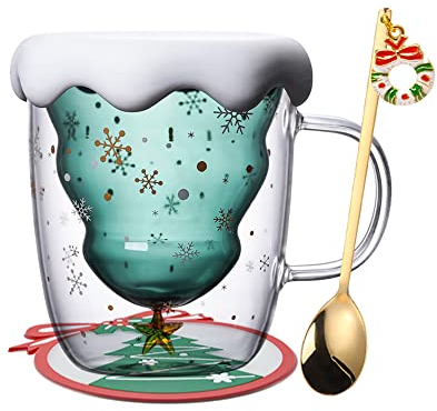 BigNoseDeer Kaffeebecher Doppelwandig Glas Weihnachtsbaum Isolierglasbecher mit Griff Perfekt für Latté, Americano, Cappuccino, Teebeutel, Getränk 300 ml