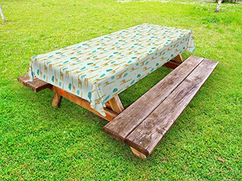 ABAKUHAUS Girafe Nappe Extérieure, Monstera Sun Symbole Cartoon, Nappe de Table de Pique-Nique Lavable et Décorative, 145 cm x 265 cm, Mint Green et Multicolor