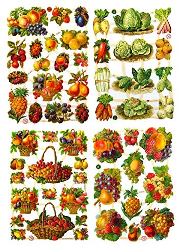 Glanzbilder Obst und Gemüse Motiv Set aus 4 verschiedenen Oblaten Papierbögen zum Basteln und Verzieren