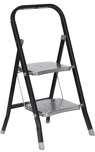 Escabeau Pliable 2 Marches en Métal Bleu et Blanc