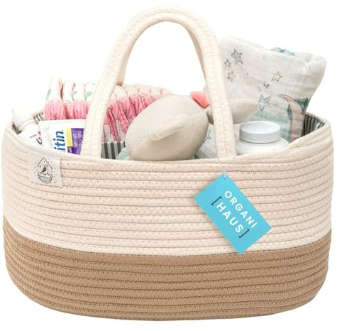 OrganiHaus Cesta de Bebe, Organizador de Pañales, Cesto Cambiador de Bebe Portatil, Cesta de Almacenaje para Regalo de Recién Nacidos, Portapañales de Cuerda de Algodón, Blanco/Miel