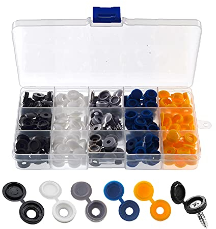 YIXISI 150 Pièces Bouchon à Vis en Plastique, Cache Vis à Charnière pour les Vis Nombre 6/8, avec Boîte de Rangement, pour Meubles, Placards, Étagères, Blanc/Noir/Gris/Bleu/Jaune