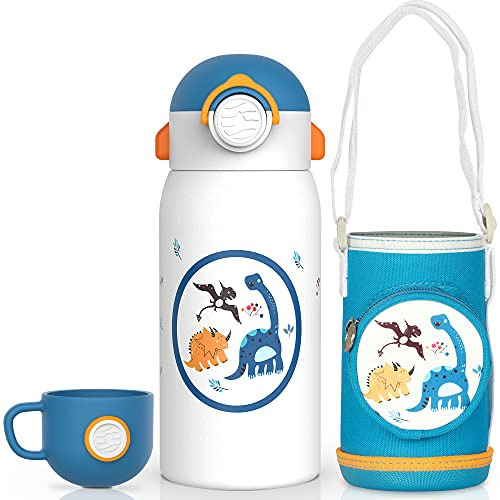 Fjbottle Borraccia Termica per bambini con cannuccia 600ml + 2 Tappo + Zaino, 100% senza BPA Borraccia acciaio inox, bottiglia da viaggio per scuola, campeggio