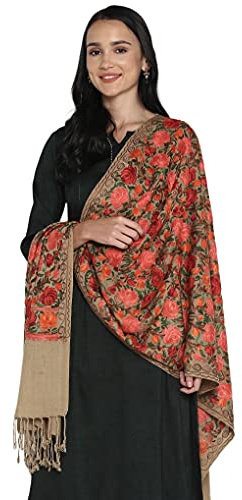 Zamour Damen Schal, bestickt, groß, aus Pashmina-Wolle, indischer Kaschmir, Übergröße, Winterschal, Stola, Schal, Braun, 30 inches x 80 inches