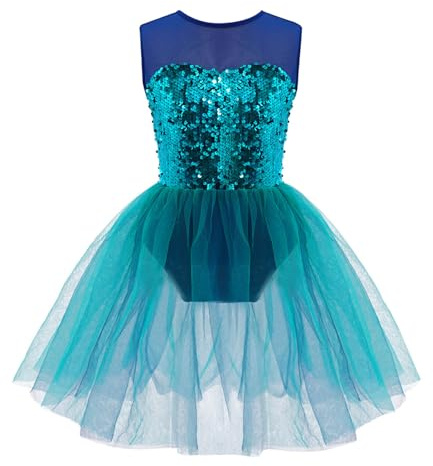 Freebily Abito da Pattinaggio Artistico Bambina Paillettes Tutu Body da Danza Classica Senza Manica Abito da Ballo Latino Vestito da Ballo Costumi di Danza Performance Verde 3-4 Anni