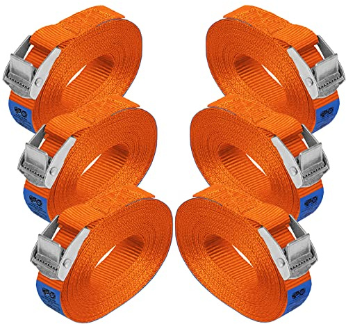 Zurrgurt Spanngurt Befestigungsgurt Klemmverschluss Befestigungsriemen orange - belastbar bis 250 kg DIN EN 12195-2, 6er Pack 2.5 cm x 6 m