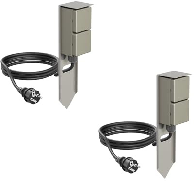 ledscom.de 2X Garten Steckdosen-Säule PIWI mit Erdspieß und 2m Kabel für außen, IP44, 2-Fach, Edelstahl