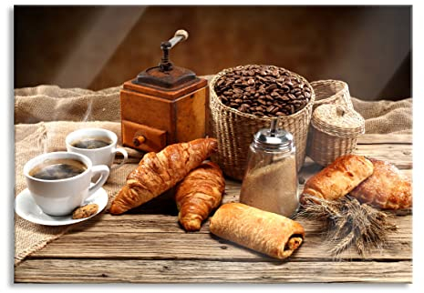 Pixxprint Glasbild, Wandbild aus Echtglas, Aromatischer Kaffee mit Croissant, 100x70 cm, inkl. Aufhängung und Abstandshalter