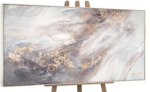 YS-Art Pittura acrilica su tela Rilassarsi Soggiorno arte astratta moderna in grigio-beige con oro Dipinta a mano Arte murale con cornice 100x50 cm