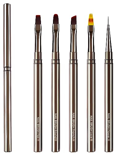 Lokaloka Nagel Pinsel Set für Gelnägel Nagellack Nailart Nail Art mit Deckel und Ombre Brush, 5 Stück Pinselset French Fein Dünn Fineliner Rund für UV Nägel Gel Acryl Nageldesign Profi