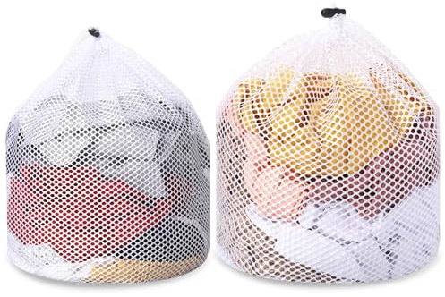 2pcs Mesh Laundry Bags for Socks, Machine Washable Drawstring Design Travel Mesh Laundry Wash Bags White Drawstring Garment Bags for Laundry Storage for Home Dorm Hotel Travel Use,12x16inch, 16x20inch