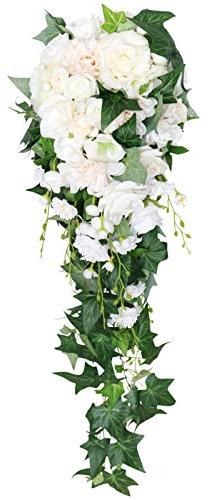 Simulation Rose Cascading Hochzeit Brautstrauß Wasserfall Hochzeit Holding Blume mit grünen Blättern Dekoration (weiß)