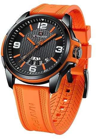 NAVIFORCE Waterproof Watch for Men Women, Analog Auto Date Military Sports Unisex Wristwatch,Silicone Strap, Orange+Black, Sport