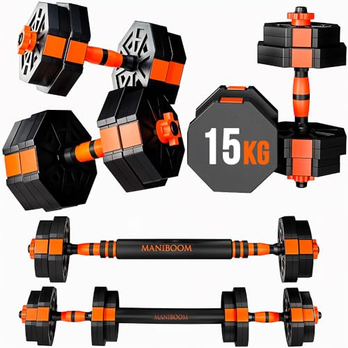 ManiBoom Pesas y Mancuernas Ajustables Hexagonales - Kit de Pesas Ajustables con Barra y Cierre de Seguridad - Equipo de Entrenamiento Progresivo para Toda la Familia