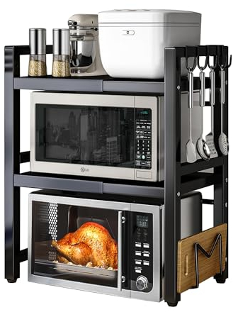 devesanter Expandable Microwave Oven Rack 3 Tier Microwave Stand,with 5 hooks Adjustable Width & Height Kitchen Counter Organizer Shelf Stand, Pot Pan Grill Storage Racks, Width 40-64cm Black