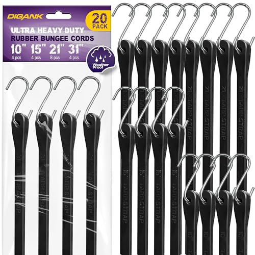 Bungee Cords with Hooks (20 Pack) Heavy Duty Outdoor Rubber Tarp Straps in 10, 15, 21, 31 Sizes, Crimped S Hooks for Securing Cargo, Bikes, Camping Gear, Luggage - Max Stretch 1.5X, Load 180 lbs