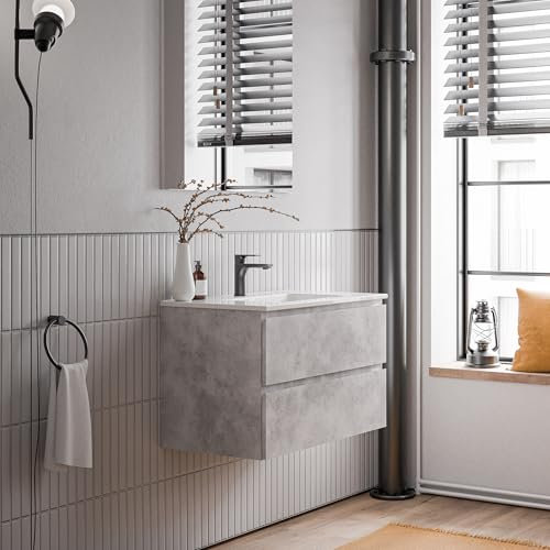 Bernstein Badmöbel-Set Ava 80cm, Waschbecken mit Unterschrank in Beton, Keramik-Waschbecken in Weiß glänzend mit einem Hahnloch, Ideal für kleine Bäder