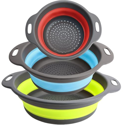 Surwin Passoire Pliable, 3 Pcs Silicone Passoire Cuisine,Compacte Passoire Cuisine Pliable, Passoire Retractable Passoire Pates, Grande Petite Portable Panier de Fruits (Rouge)
