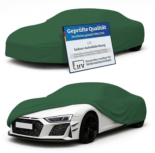 LST Autoabdeckung Indoor – lackschonende und Dehnbare Autogarage. Car Cover Innenbereich für Autohäuser und Endverbraucher. Auto Abdeckplane schützt vor Sonne, Staub. (Grün, XL (505x165x120cm))